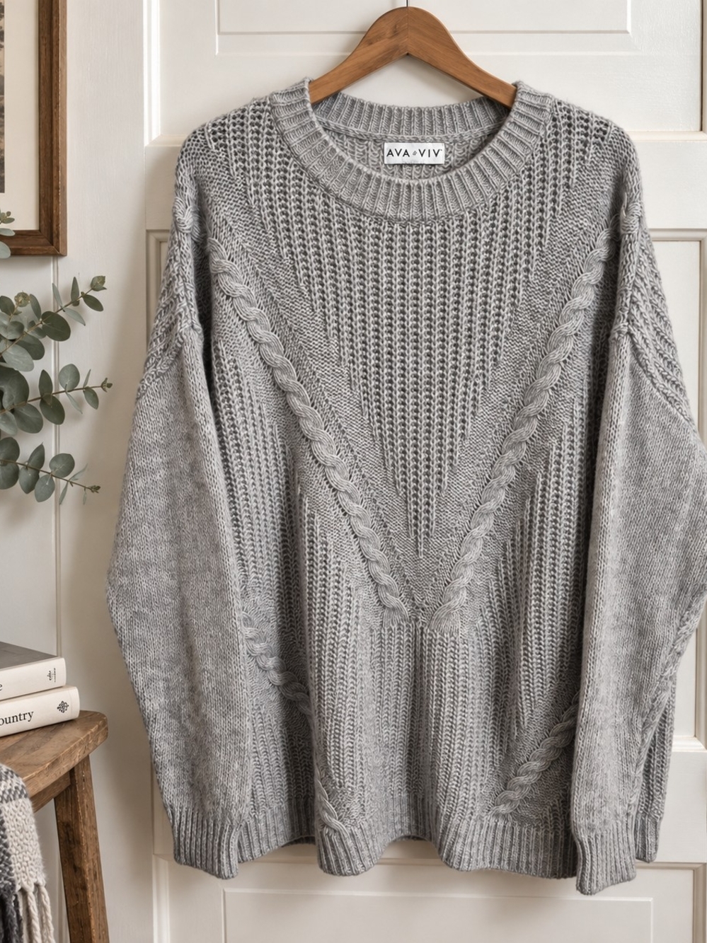 Ava & Viv 2X Gray Cable Knit Cotton Wool Blend Oversized Sweater
